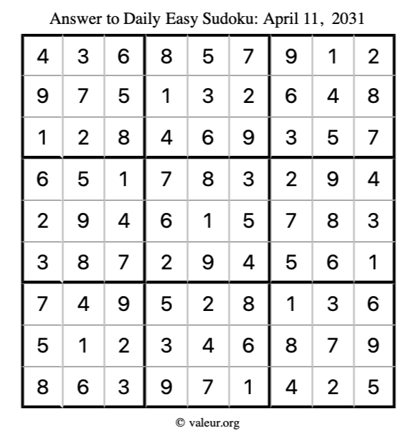 Answer to easy sudoku April 11, 2031