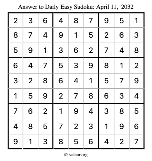 Answer to easy sudoku April 11, 2032