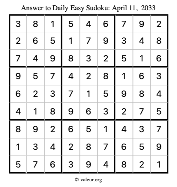 Answer to easy sudoku April 11, 2033