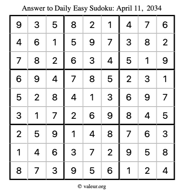 Answer to easy sudoku April 11, 2034