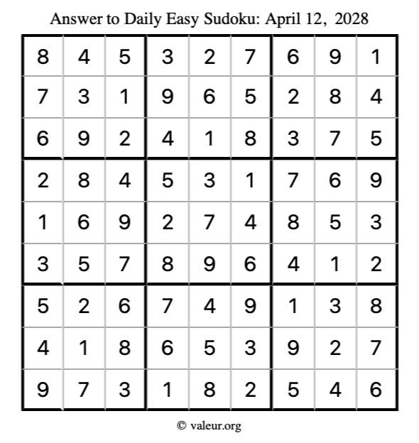 Answer to easy sudoku April 12, 2028