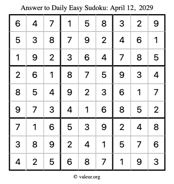 Answer to easy sudoku April 12, 2029