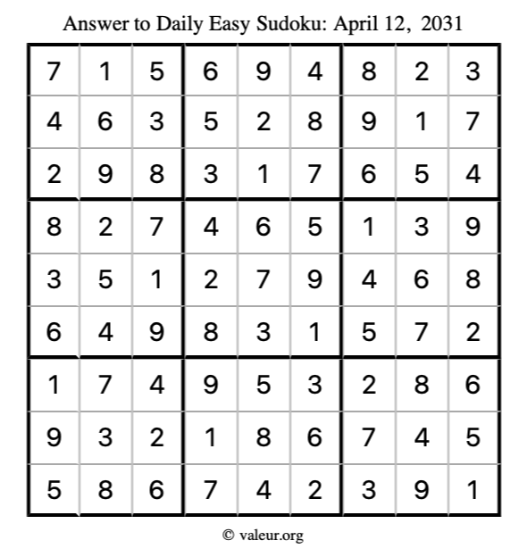 Answer to easy sudoku April 12, 2031
