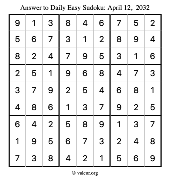 Answer to easy sudoku April 12, 2032
