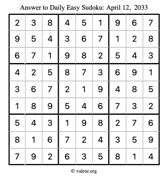 Answer to easy sudoku April 12, 2033