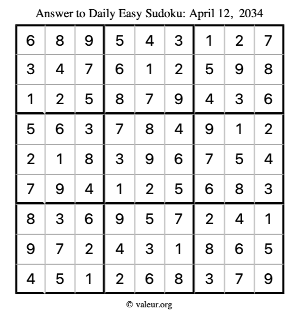Answer to easy sudoku April 12, 2034