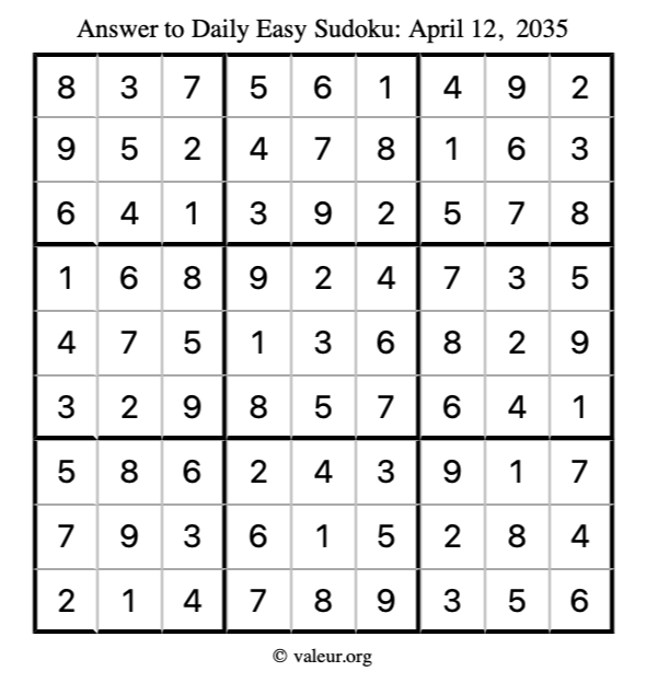 Answer to easy sudoku April 12, 2035