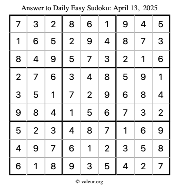 Answer to easy sudoku April 13, 2025
