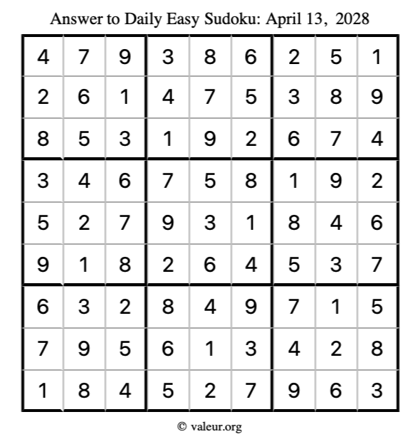 Answer to easy sudoku April 13, 2028
