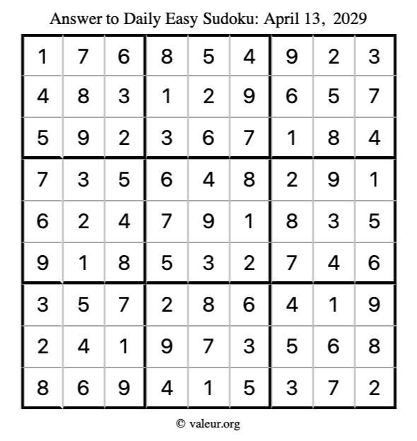 Answer to easy sudoku April 13, 2029