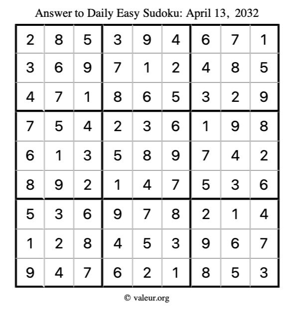 Answer to easy sudoku April 13, 2032