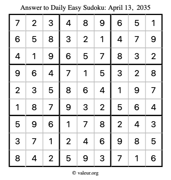 Answer to easy sudoku April 13, 2035