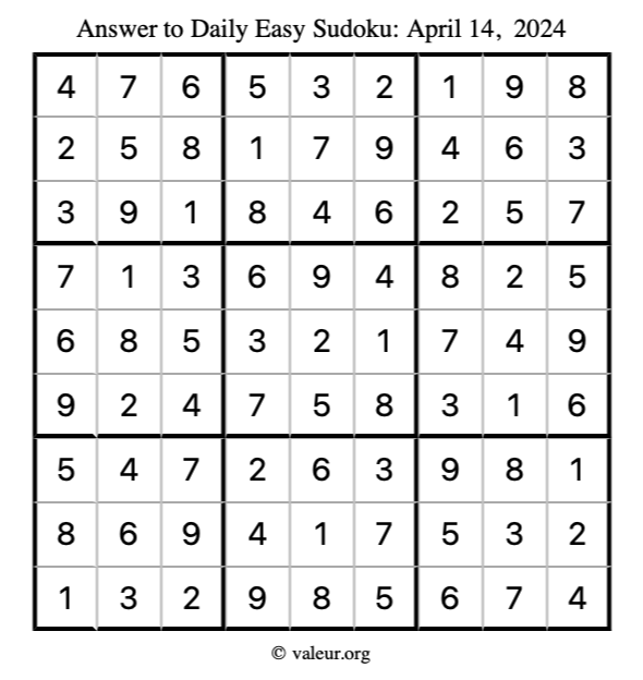Answer to easy sudoku April 14, 2024