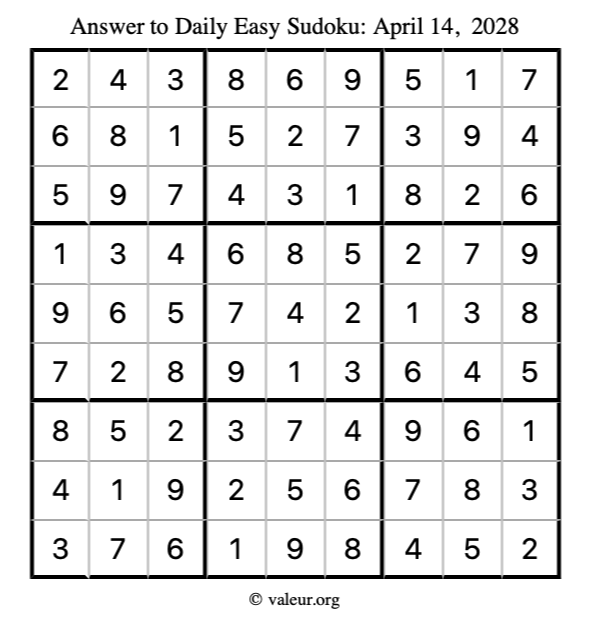 Answer to easy sudoku April 14, 2028