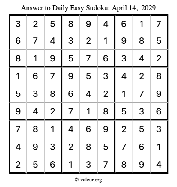 Answer to easy sudoku April 14, 2029