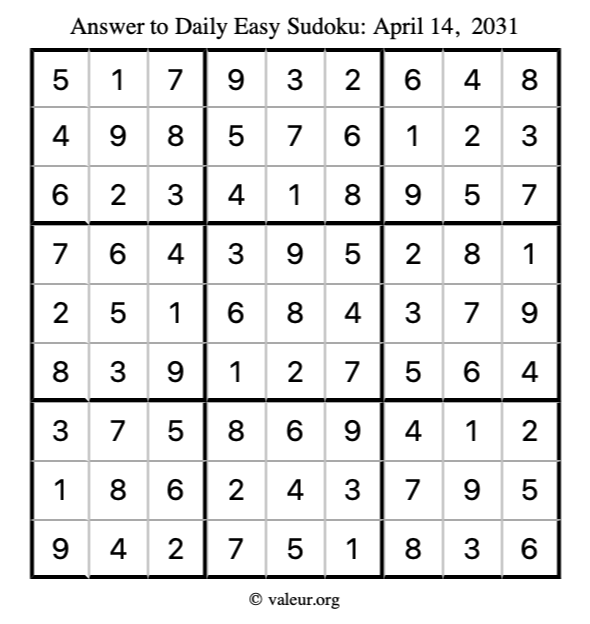 Answer to easy sudoku April 14, 2031