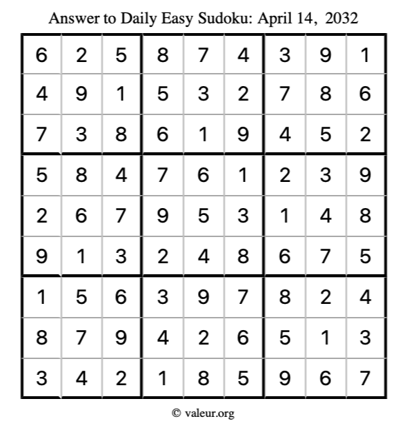 Answer to easy sudoku April 14, 2032