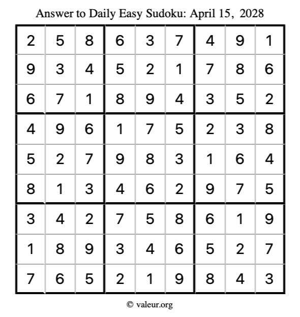 Answer to easy sudoku April 15, 2028