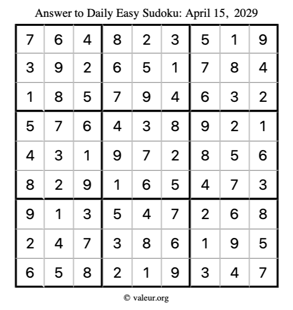 Answer to easy sudoku April 15, 2029