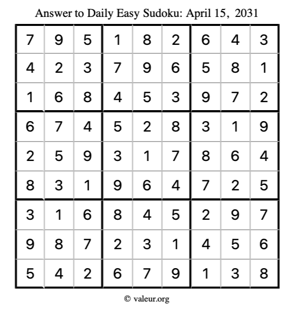 Answer to easy sudoku April 15, 2031