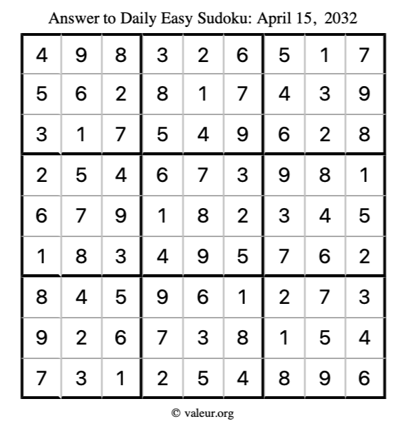 Answer to easy sudoku April 15, 2032