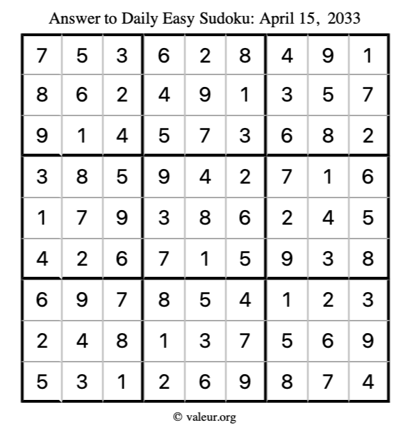 Answer to easy sudoku April 15, 2033