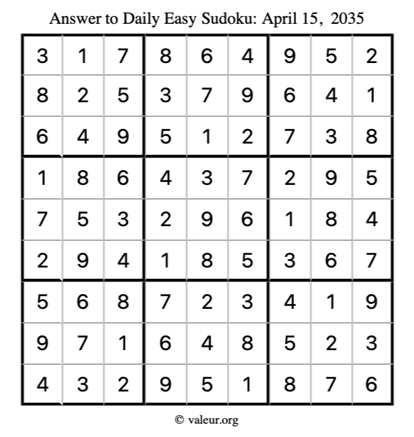 Answer to easy sudoku April 15, 2035
