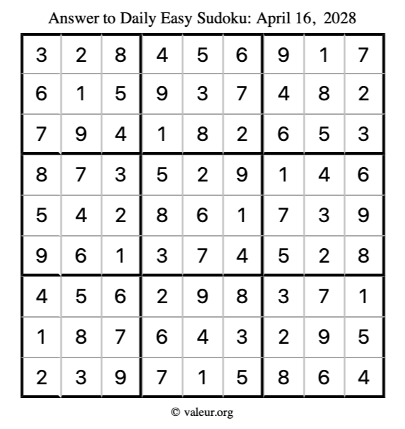 Answer to easy sudoku April 16, 2028