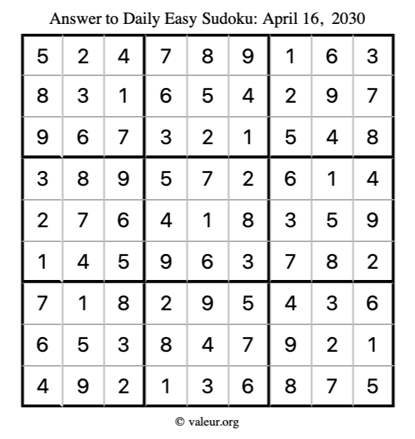Answer to easy sudoku April 16, 2030