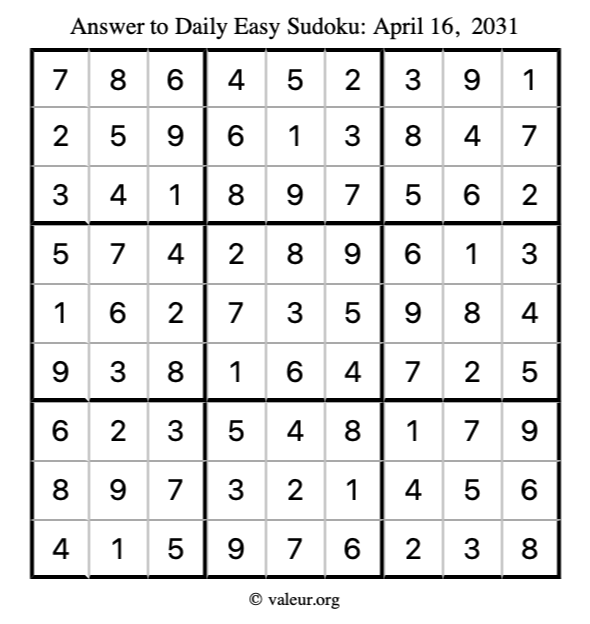 Answer to easy sudoku April 16, 2031