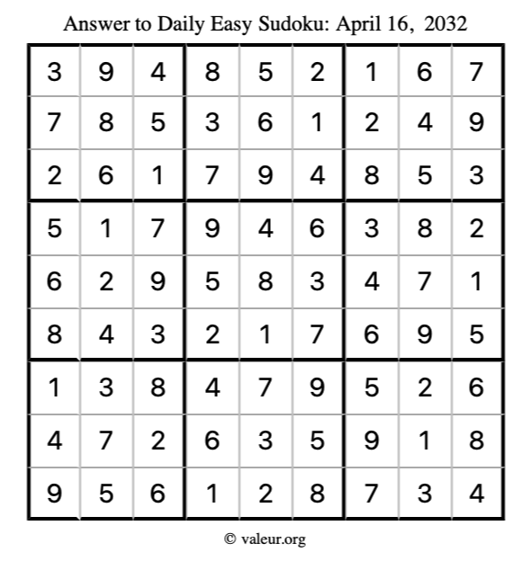 Answer to easy sudoku April 16, 2032