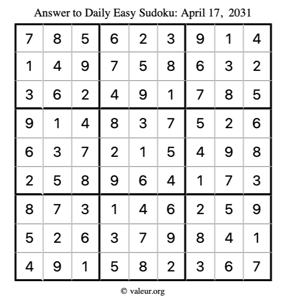 Answer to easy sudoku April 17, 2031