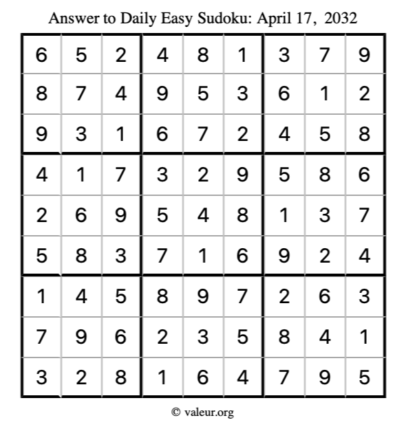 Answer to easy sudoku April 17, 2032