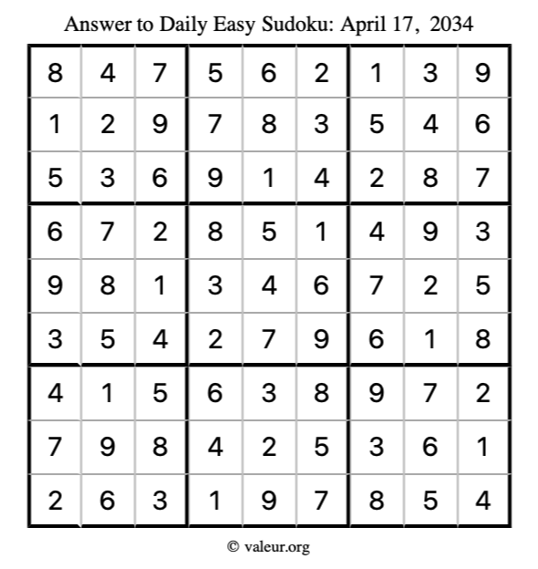 Answer to easy sudoku April 17, 2034