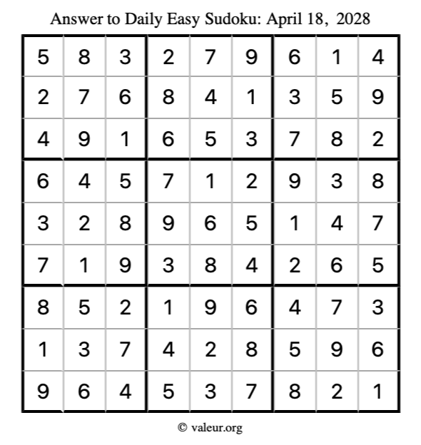 Answer to easy sudoku April 18, 2028