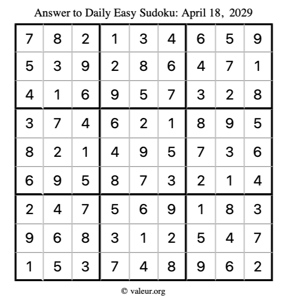 Answer to easy sudoku April 18, 2029