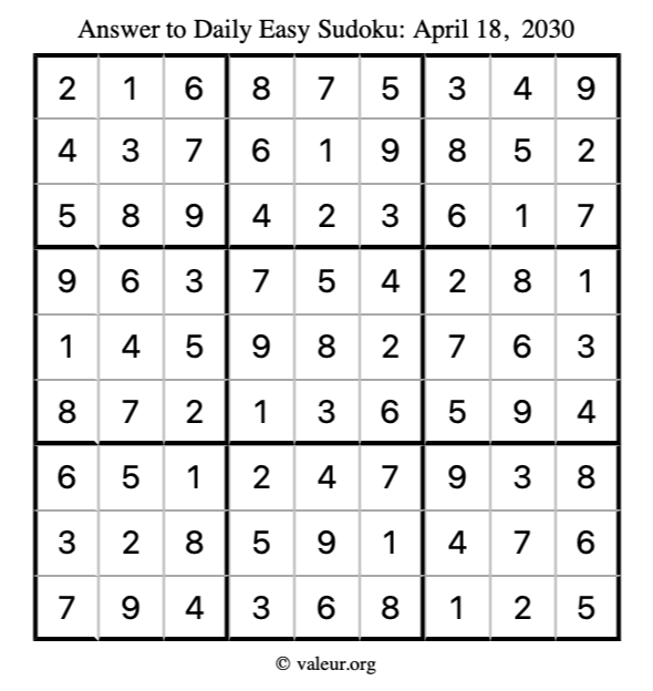 Answer to easy sudoku April 18, 2030