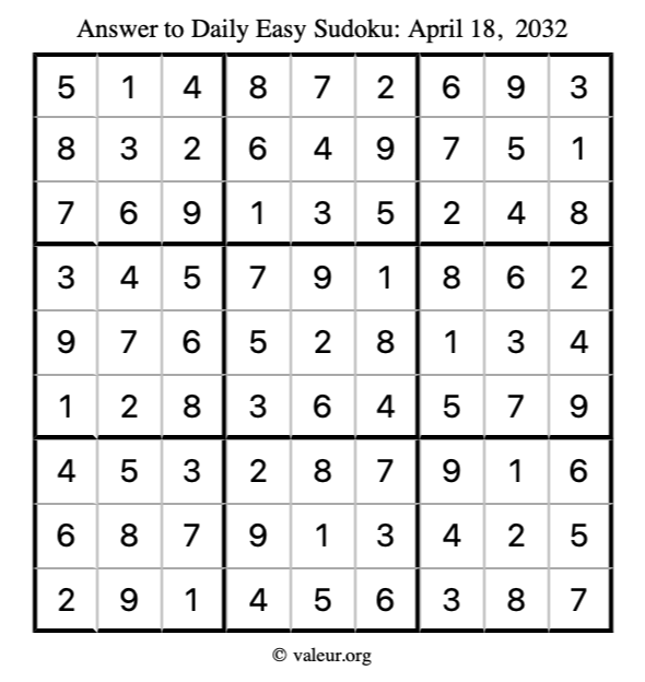 Answer to easy sudoku April 18, 2032