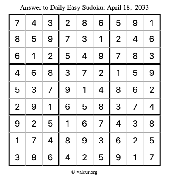 Answer to easy sudoku April 18, 2033