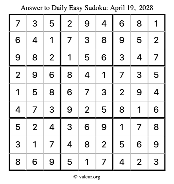 Answer to easy sudoku April 19, 2028