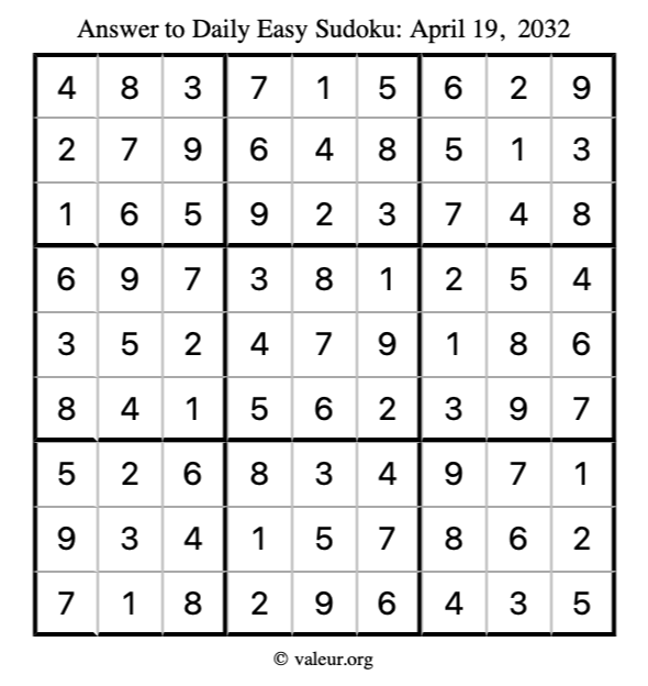 Answer to easy sudoku April 19, 2032