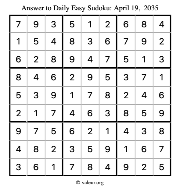 Answer to easy sudoku April 19, 2035