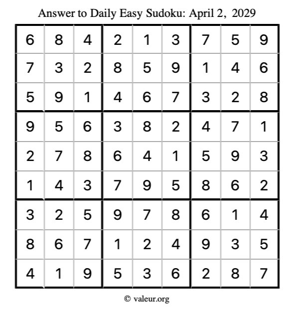 Answer to easy sudoku April 2, 2029
