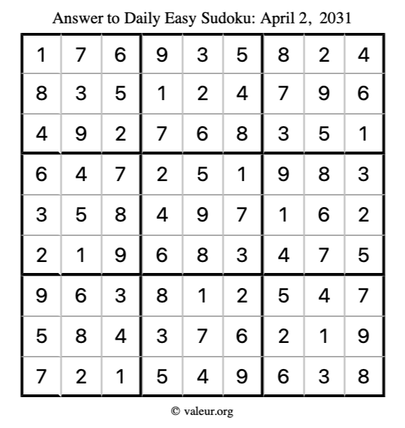 Answer to easy sudoku April 2, 2031