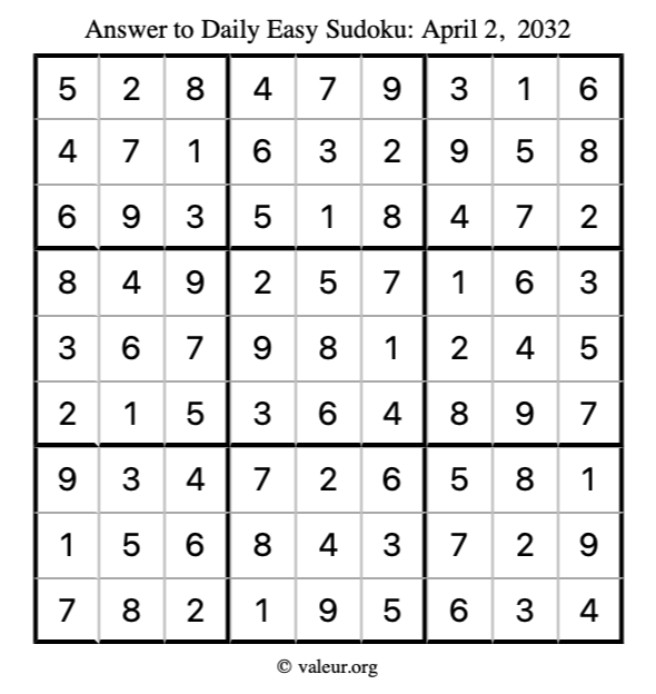 Answer to easy sudoku April 2, 2032