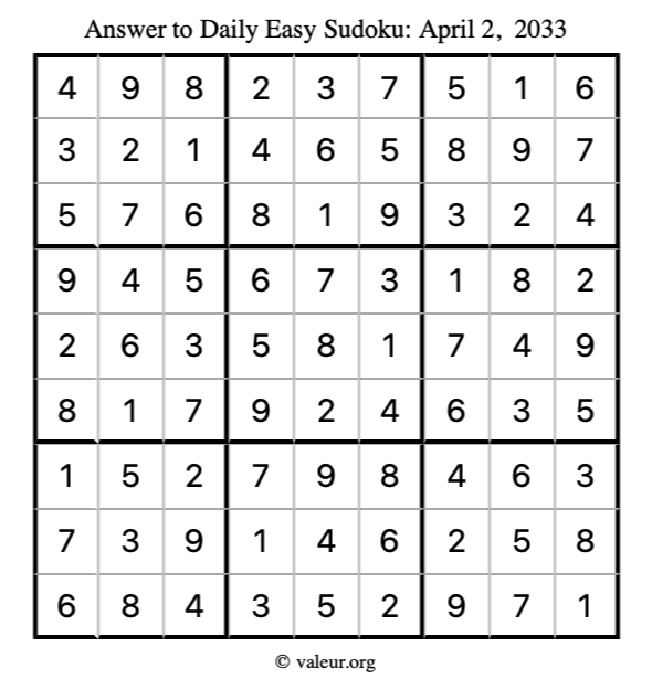 Answer to easy sudoku April 2, 2033