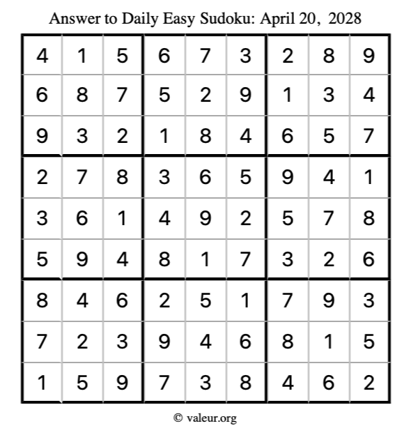 Answer to easy sudoku April 20, 2028