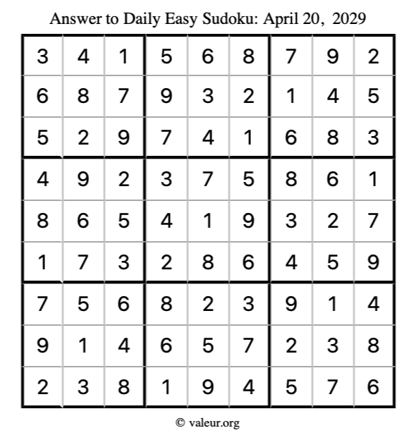 Answer to easy sudoku April 20, 2029