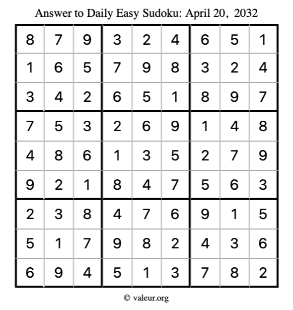 Answer to easy sudoku April 20, 2032
