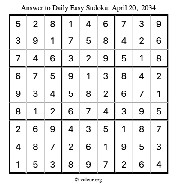 Answer to easy sudoku April 20, 2034
